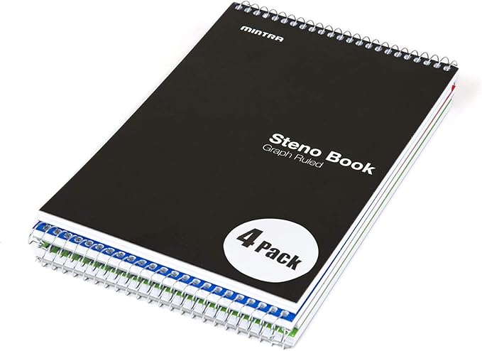 Mintra Office Steno Book - (Primary Colors, 4 Pads/Pack, Graph Ruled) - 6inx9in, 70 Sheets, Notebook for writing notes in school, university, college, work, office