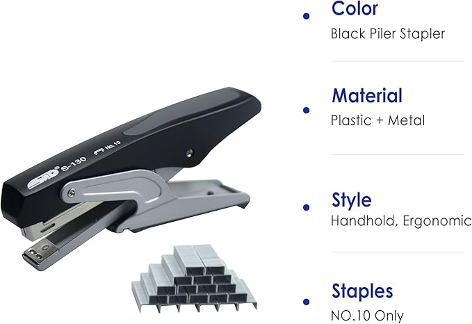 Handheld Plier Stapler, Sturdy Metal Desktop Hand Stapler for Office, School and Home, Only Uses NO.10 Staples, Black, 2024 Gifts