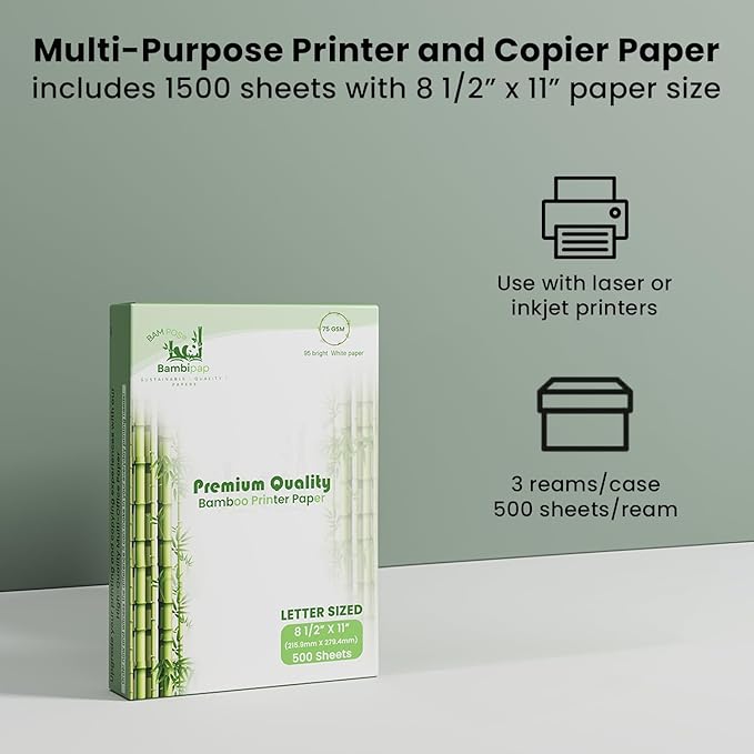 Bamboo Printer Paper - 8 1/2” x 11”- 20LB Multipurpose White Paper - Made from Bamboo Fiber, Renewable Resources, Zero Trees Used - 3 reams (1500 Sheets)