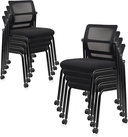 CLATINA Stacking Chairs 8 PK, Adjustable Backrest Stackable Mesh Office Waiting Room Armless Chair with Wheels for Guest Reception Conference Lobby Side School, Black