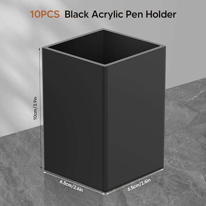 10Pack Black Acrylic Pen Holder, Desktop Pencil Organizer Makeup Brush Holder Acrylic Pencil Cup Stationery Pencil Holder for Desk Office Pen Organizer