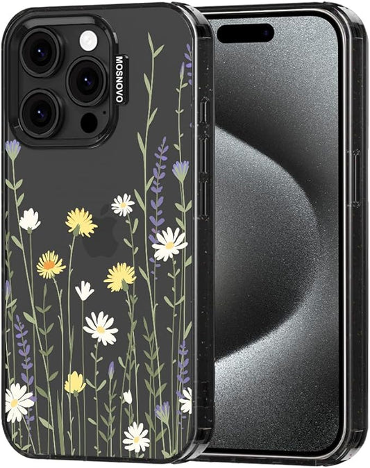 MOSNOVO Case for iPhone 15 Pro, [10ft 4X Military-Grade Drop Protection] Durable & Shockproof Phone Case Cover Design for iPhone 15 Pro - Wild Meadow - Clear Black