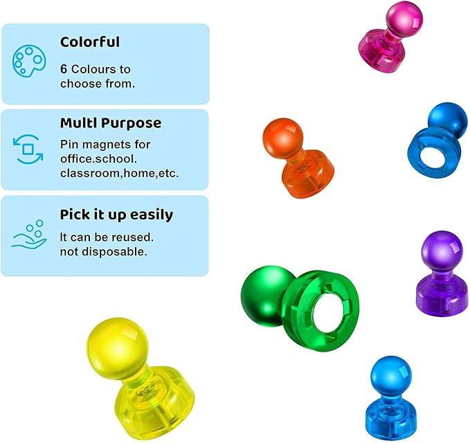 60 PCS Colorful Strong Magnetic Push Pin Magnets, Office Classroom Magnets,6 Assorted Color, Perfect to use as Kitchen Home and School, Map Magnets,Whiteboard Magnets