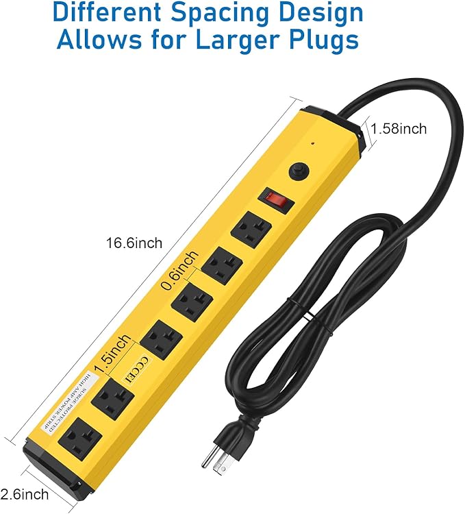 CCCEI Heavy Duty Power Strip Surge Protector 20 Amp, High Amp Industrial Shop Garage Metal Multiple Outlets, 10 FT Yellow Jacket 12 Gauge 5-15P Extension Cord 6 Outlet 6-20R T-Slot 20a for Appliance