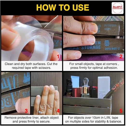 KLAPiT Super Tape - Clear Double Sided Heavy Duty Enhanced Nano Technology Holds 50 lb 1.27lb per Inch Multipurpose, Home Office Decor, Kitchen Bathroom Utility, Carpet & Furniture Fixing