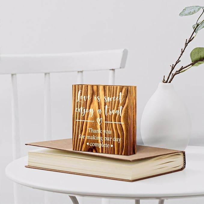 Love is Sweet Enjoy a Treat Wooden Box Sign Decorative Wedding Party Dessert Table Wood Box Sign Home Decor Rustic Square Desk Decor Sign for Shelf Burlywood