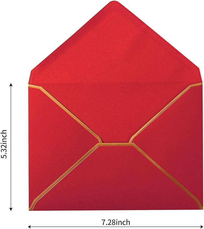 100 Pack Red A7 Envelopes 5 x 7 Card Envelopes with Gold Border for Office, Wedding Gift Cards, Invitations, Graduation, Baby Shower, Parties (5.32 x 7.28 Inches)