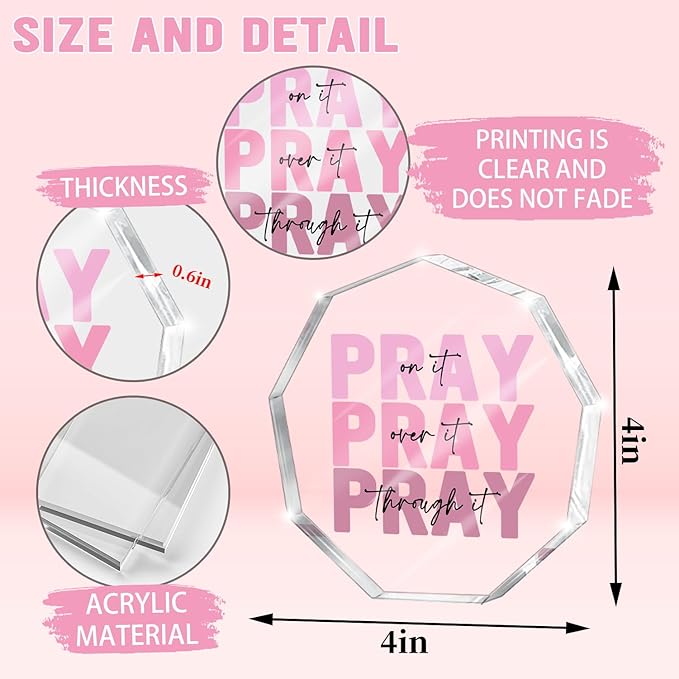 Pink Christian Gifts for Women, Appreciation Gifts for Women, Pink Desk Decorations for Office, Dorm Room Decor, Christian Desk Plaque- Pray on it-Bible Verse Decoration(Nonagon)