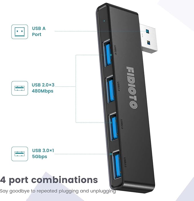 USB Hub 2Pack, Fidioto 4 Port USB Hub(1 * 3.0 Hub, 3 * 2.0 Hub), Networking Hubs for Laptop, iMac Pro, MacBook Air, Mac Mini/Pro, Surface Pro, Notebook PC, USB Flash Drives and Mobile HDD Etc.