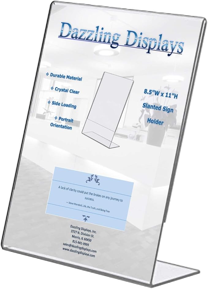 Dazzling Displays Clear Acrylic Slanted Sign Holder 8.5 x 11 - Clear Slanted Picture Frame Holder for Office, Retail, Tradeshow and Home Use (3-Pack)