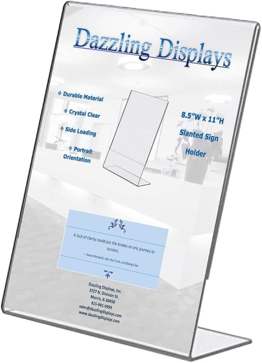 Dazzling Displays Clear Acrylic Slanted Sign Holder 8.5 x 11 - Slanted Picture Frame Premium Acrylic Sign Holder for Office, Retail, Tradeshows Single