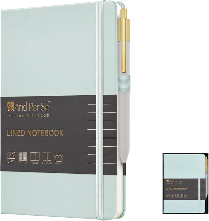 A5 Lined Leather Journal and Pen Set for Women&Men, Gift Box Included, Hardcover Notebook with 160 Pages 100GSM Thick Paper, for Work, Business, School or Home Writing(Cyan)