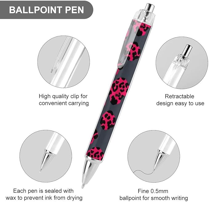2 Pack Ballpoint Pens, Luxury Pink Dark Gray Leopard Cheetah Print Retractable Pen with Black Ink Home Accessories Stationary Cute Rolling Ball Refillable Pens, 0.5mm