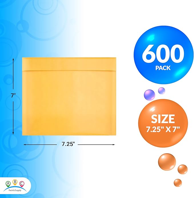 ABC PACK & SUPPLY Yellow Kraft Bubble Mailer Envelopes, 7.25 x 7 Inches. 600 Pack Mail Padded Envelopes Self Seal. Kraft Bubble Mailers. Tear-Resistant Mailing Envelope Padded. Sturdy Paper Mailer