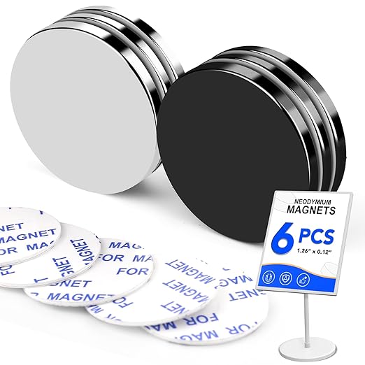 LOVIMAG Neodymium Magnets Strong, Rare Earth Magnets Heavy Duty with Double-Sided Adhesive for Fridge, Craft, Whiteboard and Office - 1.26 inch x 1/8 inch, Pack of 6 (3 Black, 3 Silver)