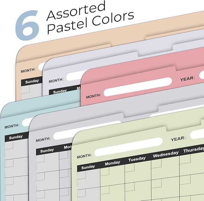 Y YOMA 6 Pack File Folder Jackets Letter Size Paper Pocket File Folder with Reinforced Straight-Cut Tab Pre-Printed Job Folders No Expansion Organizer for Office, Soft Colors, Calendar Design