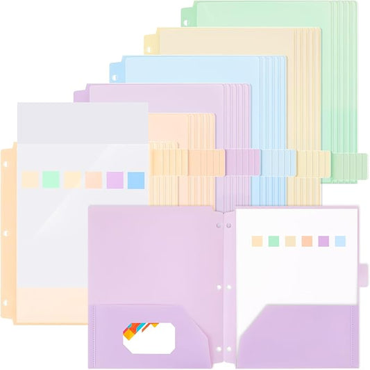Honoson 30 Pcs Plastic Folders with Clear Front Pocket 3 Hole Punched Folders for 3 Ring Binder 1/6 Cut Tabs for Office Classroom (Macaron Colors)
