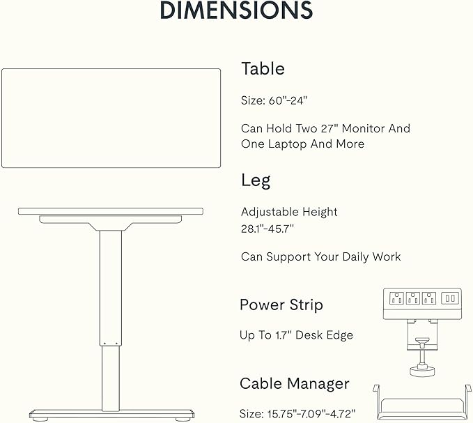 FLEXISPOT EN2 Whole-Piece Standing Desk with Clamp Power Strip, 60 x 24 Electric Stand Up Height Adjustable Desk with Cable Management (White Frame + 60" Gray Wood Grain Desktop, 2 Packages)