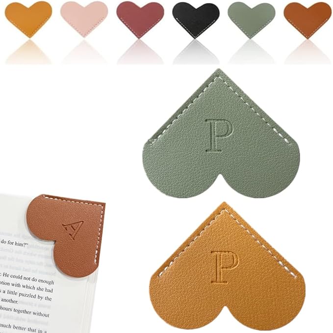 Personalized Leather Heart Bookmark, 26 Letters Customized Corner Book Mark for Reading Women, Book Marker with Initials，Cute Gifts (Green+Light Brown, P)