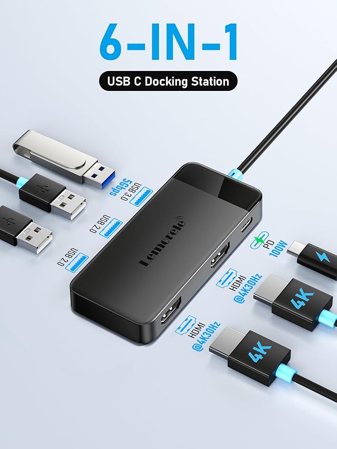 Lemorele Docking Station Dual Monitor, 6 in 1 USB C Hub Multiport Adapter w/2 HDMI 4K, 5Gbps USB3.0 & 2 USB2.0, 100W PD Charging - USB C Dock for Laptop Dell/Lenovo/HP/MacBook/Surface - Plug and Play