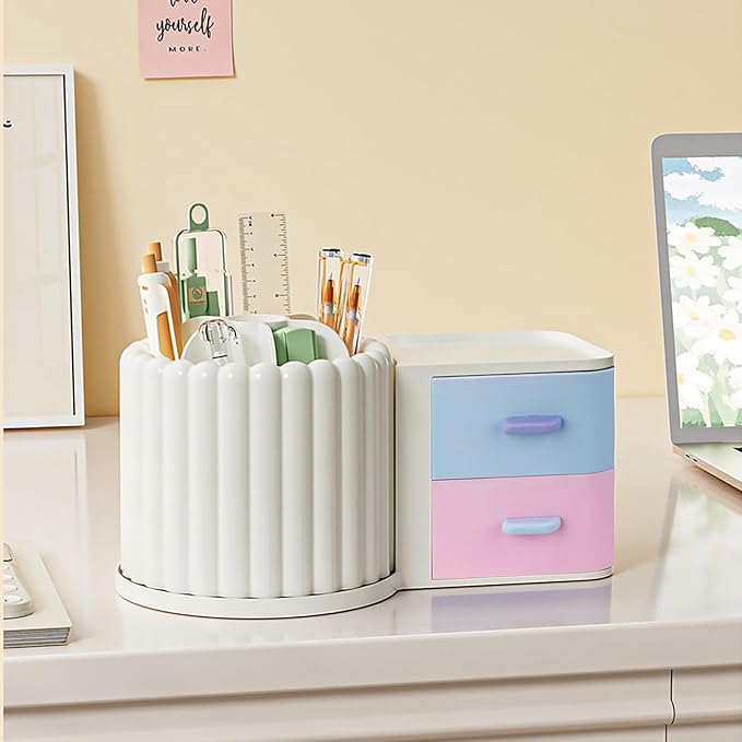 Anyoifax 360 Rotating Makeup Brush Holder 7 Slots Makeup Organizer with Drawer Removable Spinning Cosmetic Storage Pen Holder for Vanity, Dresser, Desk, Colorful