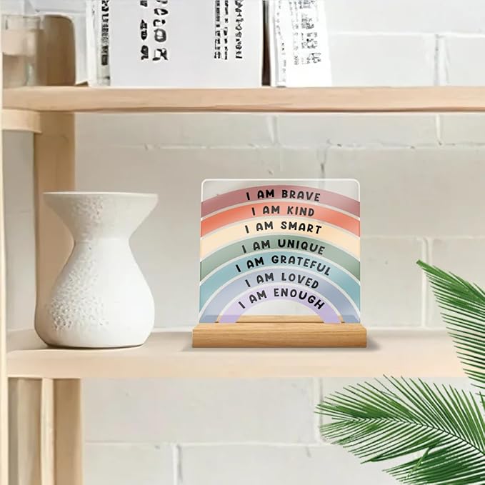 Positive Affirmations I Am Enough Desk Decor Acrylic Sign 4x4 Inch, Inspirational Gifts for Women Men, Cute Rainbow Desk Gadgets Table Top Cubicle Accessories Office Living Room Bedroom Decor