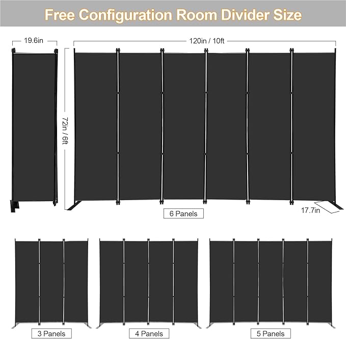 MAYOLIAH 6 Panel Folding Privacy Screen 9ft Wide, 6ft Tall Partition Room Divider Portable Office Walls Dividers, Black