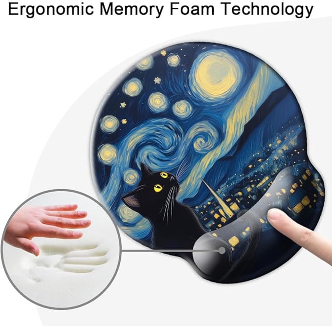 Ergonomic Mouse Pad with Wrist Support,Mouse Pad with Wrist Rest and Coaster Set,Office Supplies Non-Slip Mouse Pads for Desk, Non-Slip Comfortable,Cute Black Cat