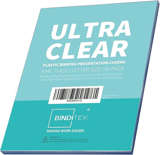 Binditek 50 Pack 8 Mil Binding Presentation Covers, Ultra Clear, 8.5 x 11 Inches, Letter Size, Square Corners, Un-Punched