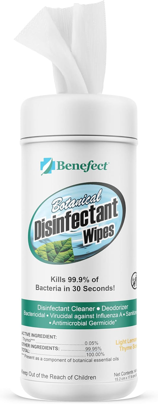 Benefect Botanical Disinfecting Wipes - (90 Wipe Count) Natural, No Residue - Antibacterial Disinfectant, Multi-Surface Cleaning and Sanitizing Wipes