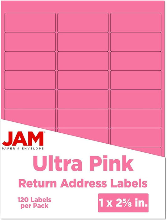 JAM PAPER Return Address Labels - Standard Mailing - 1 x 2 5/8 - Ultra Pink - 120 Shipping Labels/Pack