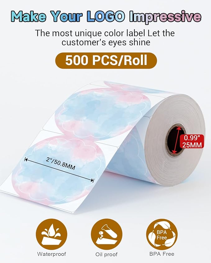 Phomemo Flower 2" Color Round Label Stickers Roll for Thermal Printer for Small Business Supplies - Commercial Grade Thermal Labels for Custom Stickers Personalized & Business Logo - 500pcs / Roll