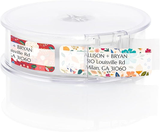 Multicolored Floral Print Rolled Address Labels / 500 Personalized Return Address Labels/Designer Address Stickers in Elegant Plastic Dispenser
