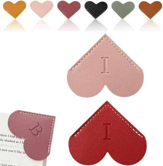 Personalized Leather Heart Bookmark, 26 Letters Customized Corner Book Mark for Reading Women, Book Marker with Initials，Cute Gifts (Red+Light Pink, I)