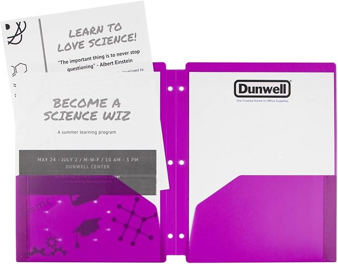 Dunwell Plastic 2-Pocket Folders for 3-Ring Binders, (6 Pack, Assorted Colors) 3 Hole Punched, Divider Folder for Notebook, Durable Poly, Fits 8.5x11 Sheets, Includes Labels