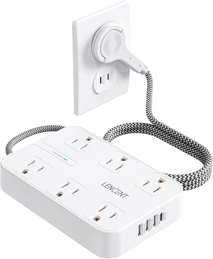 LENCENT 2 Prong Power Strip, 3 to 2 Prong Outlet Adapter, 1050J Surge Protector, 6ft Braided Extension Cord with Thin Flat Polarized Plug, 6 AC & 4 USB (1 Type-C), Wall Mount for Non-Grounded Outlet