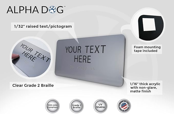 ALPHA DOG ADA SIGNS Custom ADA Compliant Braille Sign, 4"x8" Room Identification Plaque, Tactile Text, Raised Letters, Personalized 2-Line, Indoor/Outdoor, USA-Made (Brushed Stainless)