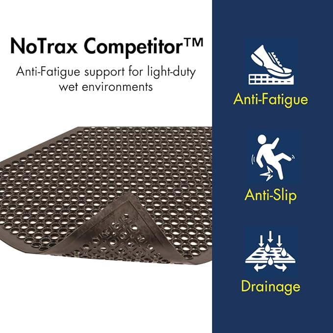 NoTrax 3' x 5' Anti-Fatigue Lightweight Restaurant Rubber Floor Mat with Drainage Holes, Beveled Edges, Non-Slip Mats, Black, T30 Competitor, T30S0035BL