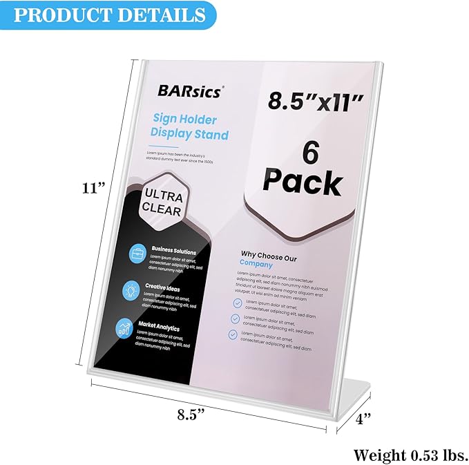 BARsics Plastic Sign Holder 8.5x11 Clear, Top-Load Paper Standing Display (Pack of 6)