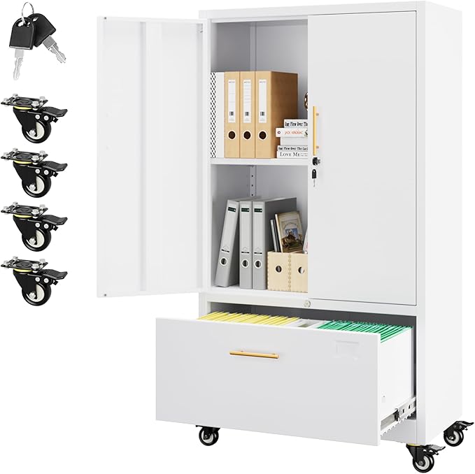 Aobabo Metal 1 Drawer Office File Cabinet with Lock and 2 Doors, Office Steel Files Cabinet with Wheels, Legal/Letter A4 Size, Assembly Required, White