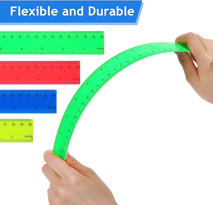 Zonon 100 Pcs 12 Inch Plastic Ruler Assorted Colors Rulers with Centimeters Millimeter and Inches Shatterproof Straightedge Bulk for Classroom School Home Office Kids(Plastic,Yellow, Green, Blue, Red)