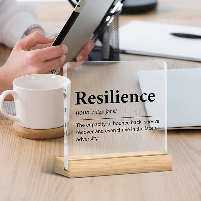 Inspirational Gifts for Women Men, Motivational Encouragement Gifts Resilience Definition Clear Acrylic Desk Decor Decorative Sign for Home Office, 4 x 4 Inches