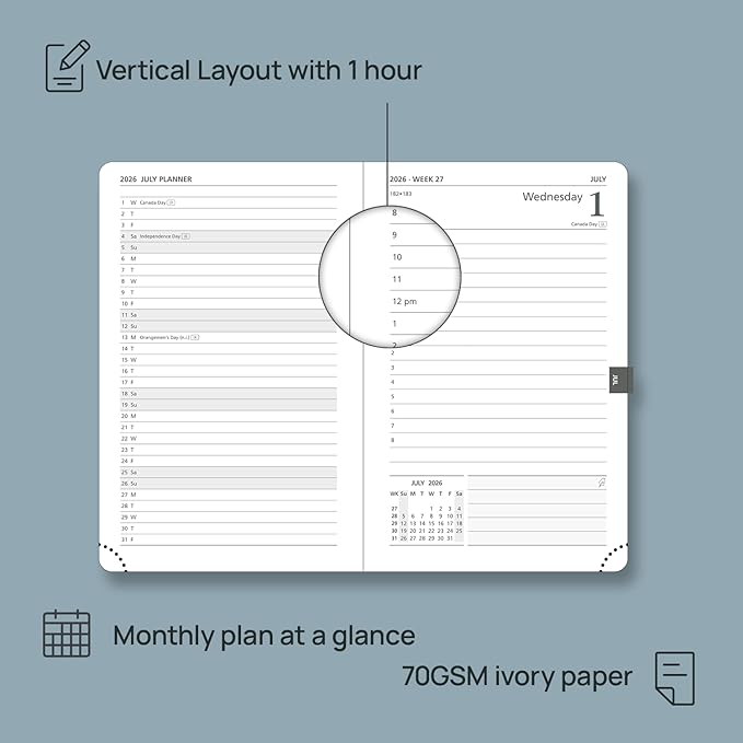 POPRUN 2026 Daily Planner One Page Per Day A6 Size Calendar (4.25" x 6.25") - 12 Months Hourly Appointment Book with Hardcover, Monthly Tabs, Pocket, Pen Holder - Black