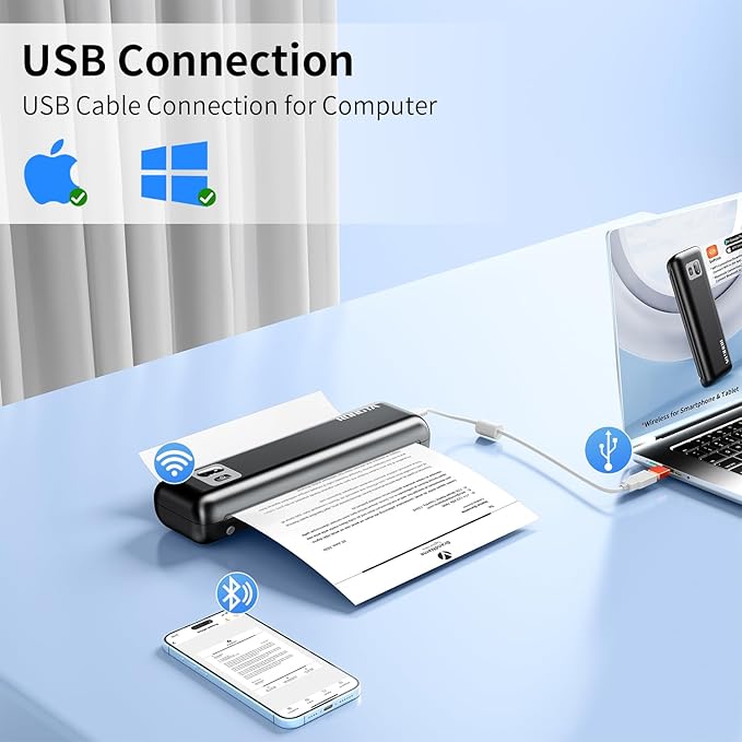 Rongta Portable Printers Wireless for Travel, 300DPI WiFi & Bluetooth Mobile Thermal Inkless Printer for School/Office/Home Use, Compatible with Android,iOS & Laptop,Black (F82)