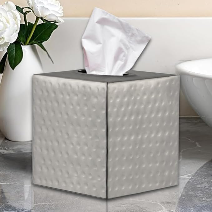Monarch Abode Hand Hammered Tissue Box Cover Square, Pewter Tissue Holder for Bathroom, Square Metal Dresser Accessories for Home, Decorative Tissue Box Holder, Pewter Handcrafted Tissue Cover