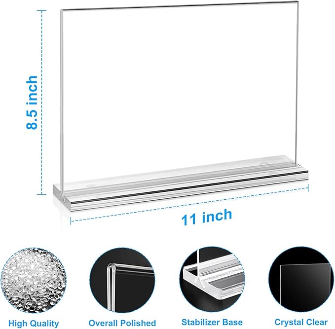 EHWINE 10 Pack Acrylic Sign Holder 8.5 x 11 Horizontal, Double-Sided Stand up Table Top Sign Holders, Clear Acrylic Picture Frame Menu Flyer Paper Holder Display Stand for Office Business Store Wedding Party
