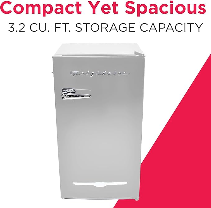 Frigidaire Retro Compact Fridge with Chiller, 3.2 cu ft Countertop Fridge with Built-In Bottle Opener, Compact Refrigerator for Office, Bedroom, Dorm Room or Cabin - 16.5"D x 19"W x 31"H (Moonbeam)