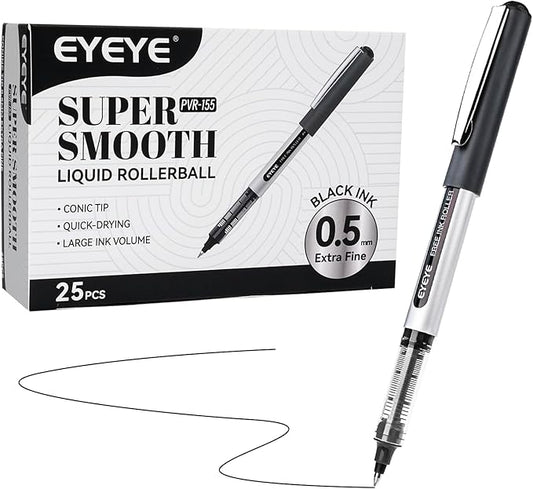EYEYE 0.5mm Black Rollerball Pens 25 Pack, Extra Fine Point Roller Ball Pen Quick Dry, Liquid Ink Pens Fine Point Smooth Writing Pen for Journaling, Note Taking, Office, School Supplies