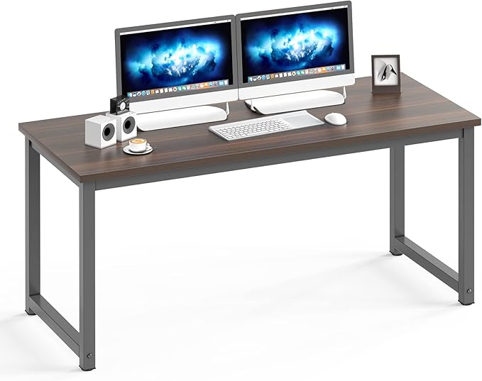 NSdirect Large Office Desk for Home Office, Large 63” Computer Desk Table, Wide Writing Study Desk for 2 Person, Metal Sturdy Frame Thicker Steel Legs, Black Chocolate