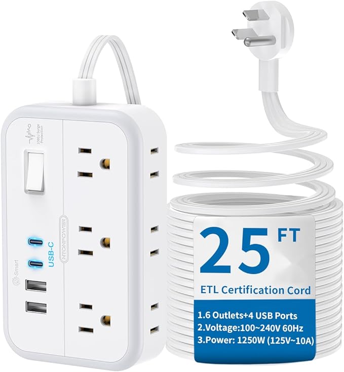Flat Extension Cord 25 ft, NTONPOWER Surge Protector Power Strip with 6 Outlets 4 USB Ports(2 USB C),Flat Plug, Multiple Outlets, Mounted, Outlet Extender, Overload Protection for Indoor, Home, Office